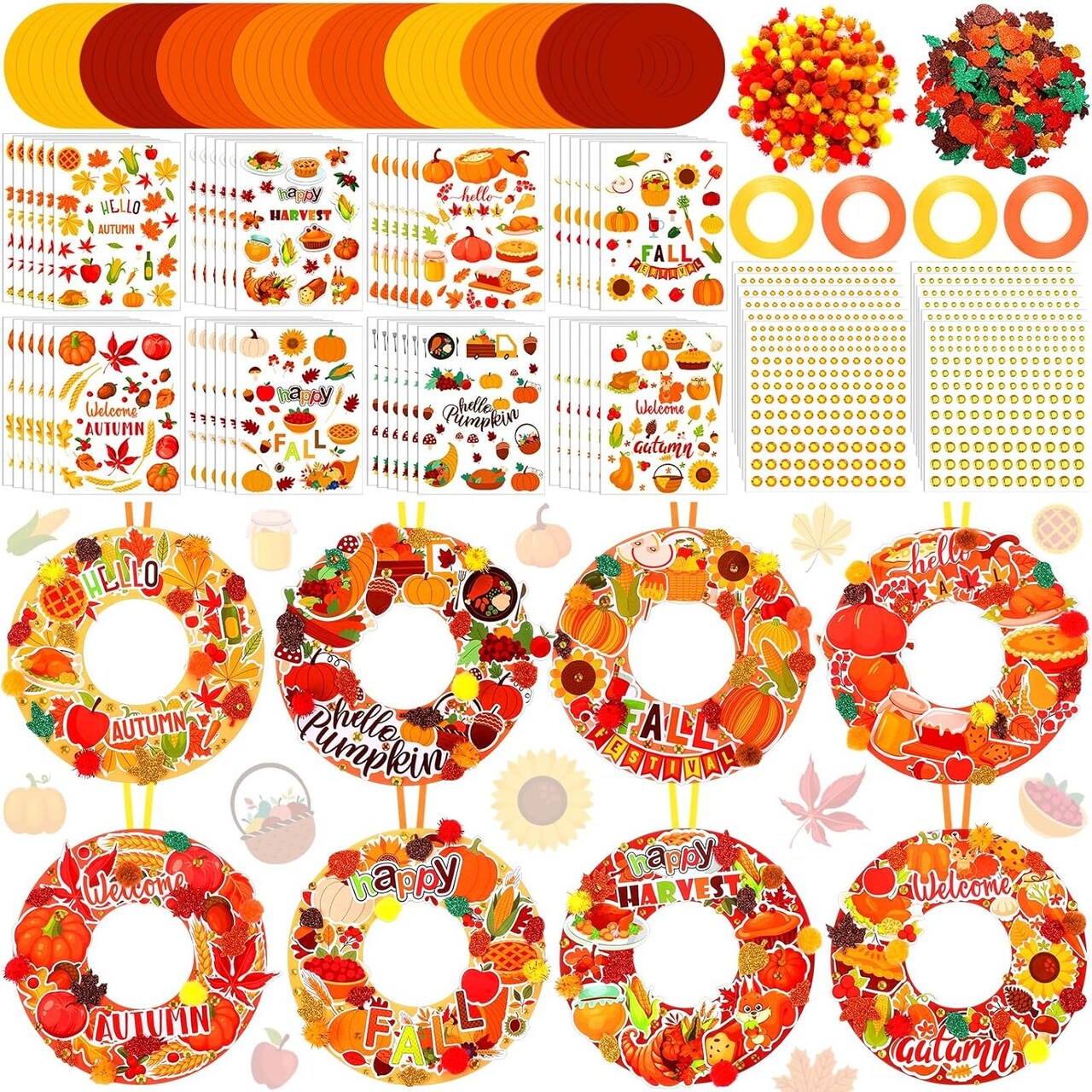 48-Pack Autumn Wreath Craft Kits for Kids – DIY Pumpkin Paper Wreath Craft with Stickers, Make-Your-Own Fall Hanging Ornaments for Classroom, Home, Autumn Parties & School Activities (multicolor) 7.09 x 7.09 x 2.17 inches